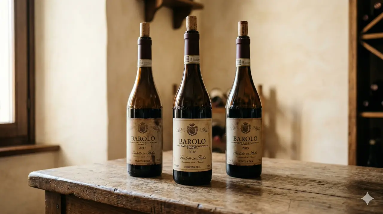 Trois bouteilles de Barolo sur comptoir en bois