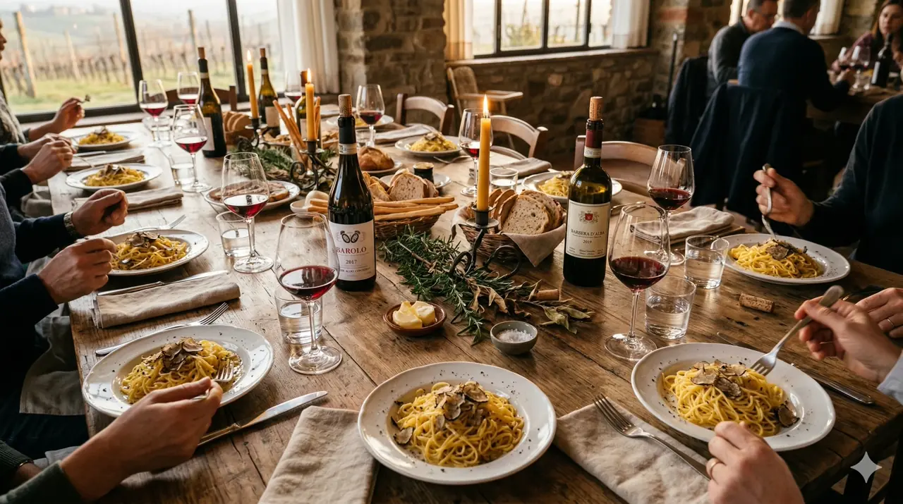 Tavolata Piemonte — repas convivial avec pâtes, vin et amis